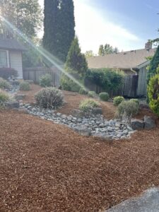 Freshly mulched front yard with decorative rock bed, trimmed shrubs, and clean landscape edges in Salem, Oregon.