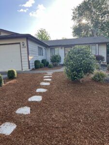 Front yard with new mulch and white stone pathway leading to the house entrance, surrounded by trimmed bushes.