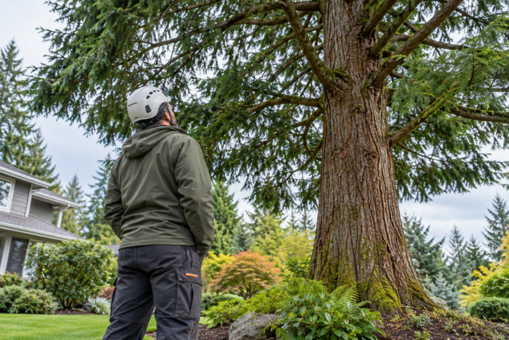 Arborist assessing a mature evergreen tree in a residential yard.