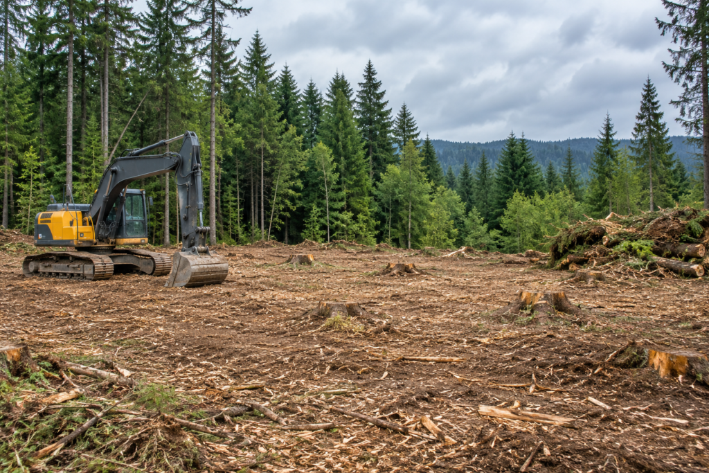 Tracked excavator on a cleared lot with brush piles and retained evergreen trees.