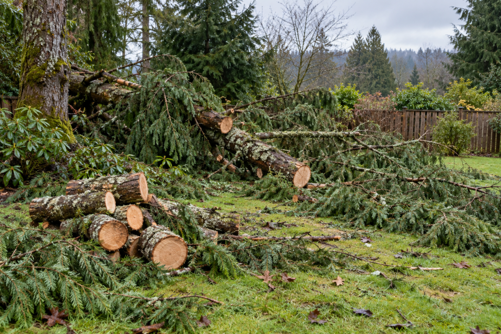 Fallen conifer branches and cut logs being cleared from a yard after a storm.