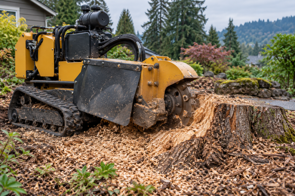 Stump grinder removing a tree stump with fresh wood chips around the base.