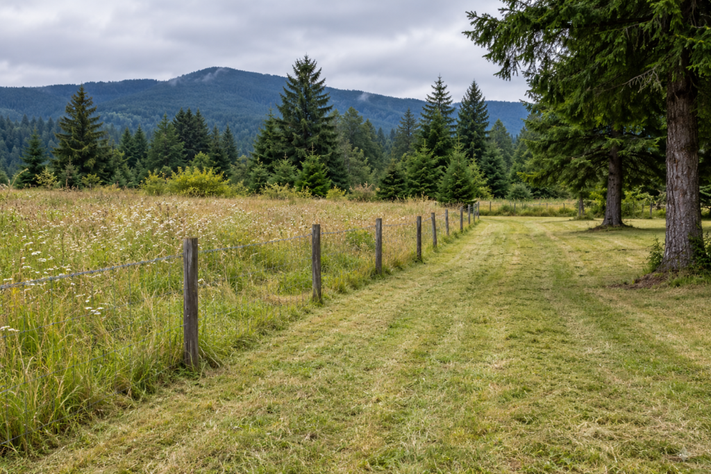Mown access lane beside tall meadow grass and evergreen trees.